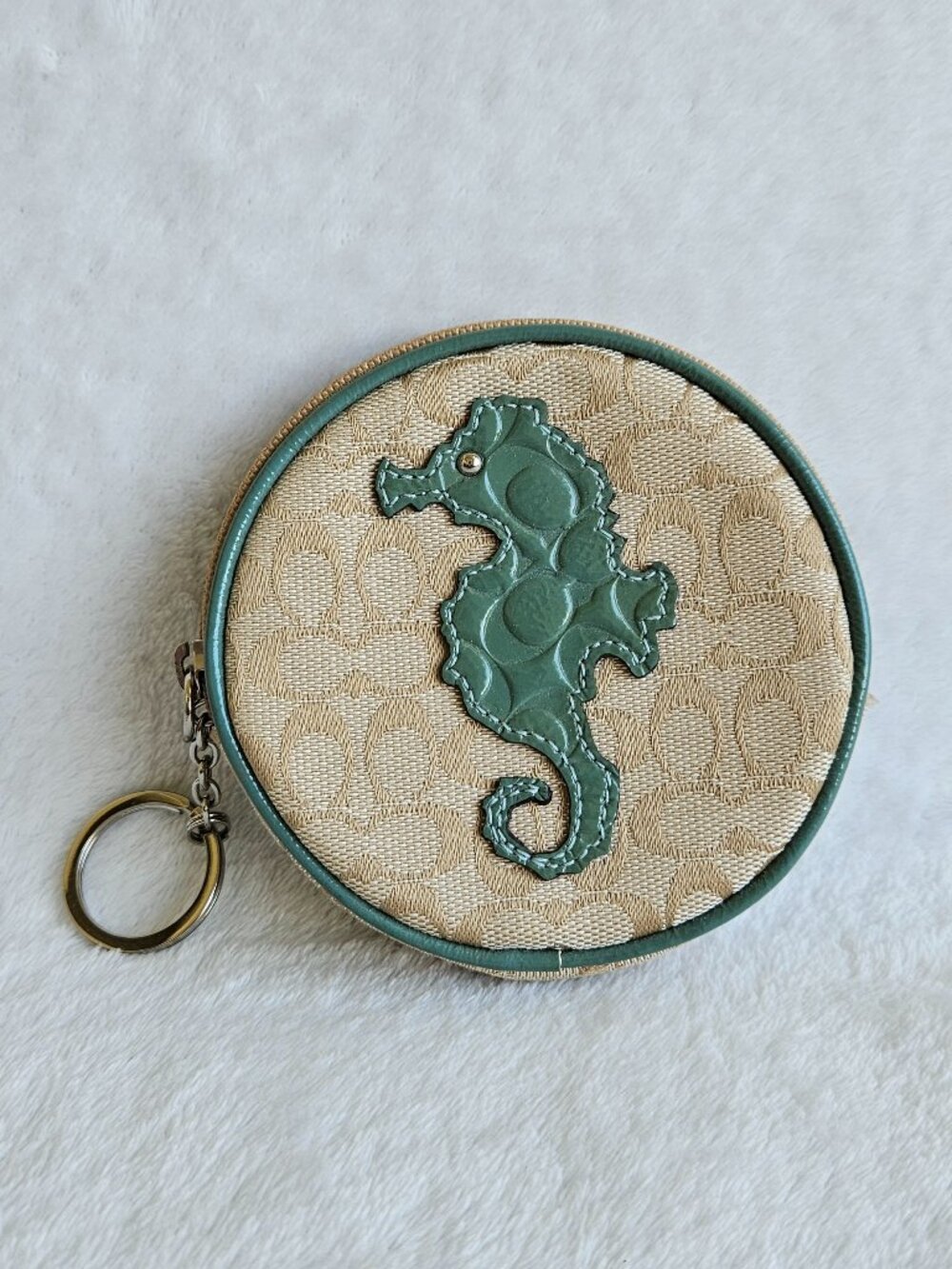 Vintage Coach Y2K Green Seahorse Round Coin Pouch Purse Key Chain Bag Charm